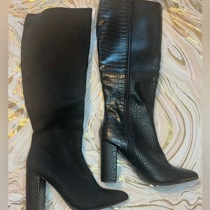 Black Pointed Toe Faux Leather and Velvet Mid Boots